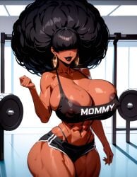 abs afro ai_generated big_breasts bimbo bimbo_lips black_hair black_lipstick breasts breasts_bigger_than_head cleavage curvy curvy_body curvy_female curvy_figure curvy_hips dark-skinned_female dark_hair dark_skin dominant dominant_female ebony erect_nipples fit fit_female gym hair_over_eyes highleg_panties huge_ass huge_breasts huge_butt huge_nipples huge_thighs massive_breasts massive_thighs midriff mona_(starlightnex) muscular nipple_bulge nipples original original_character slim_waist smile sports_bra sports_shorts sportswear starlightnex strong strong_woman sweat thick thick_ass thick_hips thick_legs thick_lips thick_thighs tight_clothing tight_fit weights wide_hips
