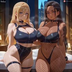 2girls ai_art ai_generated baddies bigbizarts caramel-skinned_female crop_top curvaceous female fishnets light-skinned_female stripper tattoo