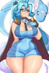 :t angry anisdrawn belly belly_button belly_button_visible_through_clothing belt big_breasts blue_eyes blue_hair blush breasts breasts_bigger_than_head clair_(pokemon) curvy curvy_figure dragonair dress eyelashes female female_only flustered huge_breasts legs long_eyelashes long_hair necklace necktie pokemon pokemon_gsc pout thick_hips thick_thighs thighs tight_clothing voluptuous voluptuous_female