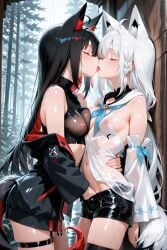 2girls ai_generated arbitrary fox_ears fox_girl fox_tail hand_in_pants hololive hololive_gamers hololive_gen_1 hololive_japan kissing kurokami_fubuki nipples_visible_through_clothing raining shirakami_fubuki vtuber wet yuri