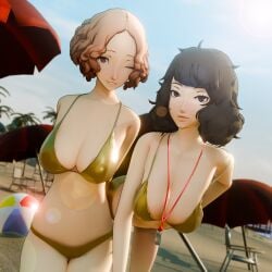 2girls 3d amateurthrowaway beach beach_ball bikini brown_hair dark_hair gold_bikini haru_okumura older_female older_woman_and_teenage_girl persona persona_5 persona_5_royal pose posing sadayo_kawakami shin_megami_tensei student_and_teacher swimsuit younger_female
