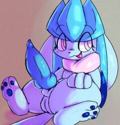 1boy :3 animal_ears animal_genitalia animal_penis blue_fur canine_penis eeveelution english_commentary erection feral glaceon happy lodetail male_focus nintendo open_mouth penis pink_eyes pokemon pokemon_(species) precum simple_background sitting smile solo solo_male spread_legs tail uncensored