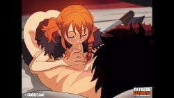 1boy 1boy1girl 1girls animated black_hair blowjob blush fellatio female hand_on_chest holding_penis long_hair loop male monkey_d_luffy nami_(one_piece) one_piece one_piece:_elbaf_arc orange_hair penis penis_in_mouth sound sucking_penis suoiresnu tagme video