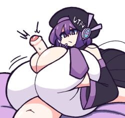 1boy 1girls alternate_body_type alternate_breast_size bed_sheet beret black_hat black_sleeves breasts closed_mouth detached_sleeves expressionless female gensin gigantic_breasts hat headphones highres male navel necktie paizuri paizuri_under_clothes penis purple_eyes purple_necktie shirt short_hair simple_background straight utane_uta utau white_background white_shirt