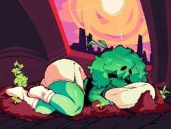 1girl 1girls ai_upscaled ass closed_eyes colored_skin female full_body green_hair green_skin indoors lying on_side peaf_(artist) peeeeeeeeeeaf pillow plant shirt shorts sleeping socks solo sun thick_eyebrows upscaled white_shorts white_skirt white_socks window