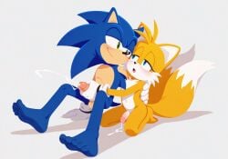 aged_up ai_generated blush cum cum_dripping_from_penis cumming cute cute_face ejaculation feet foreskin gay half-closed_eyes hand_around_waist handjob homosexual kneeling looking_at_partner loving_couple male miles_prower penis sensual shy_expression smiling sonic_(series) sonic_the_hedgehog sonic_the_hedgehog_(series) tails tails_the_fox yaoi