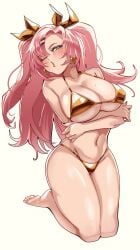 arms_under_breasts bikini breasts ceroccb earrings female gold_bikini gold_lipstick golden_week golden_week_bikini green_eyes grey_background heart heart_earrings highres jewelry kneeling large_breasts lipstick long_hair mole mole_under_eye navel nicole_demara o3o pink_hair puckered_lips simple_background solo swimsuit twintails zenless_zone_zero