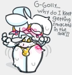 4_fingers anthro balls_outline bikini blush blush_lines blushing_profusely bodily_fluids bulge clothed clothing crossdressing curvy_figure detailed_bulge dialogue embarrassed femboy fingers front_view fur genital_fluids genital_outline gold_bikini hi_res lagomorph leporid looking_down_at_self male mammal navel open_mouth pink_blush precum rabbit ruby_rabbit ruby_rabbit_(character) sexual_assault sexual_harassment side-tie_bikini simple_background skimpy solo spank_marks spank_marks_on_ass spanked_butt standing string_bikini sweat swimwear tears thick_thighs two-piece_swimsuit white_background white_body white_ears white_fur wide_hips