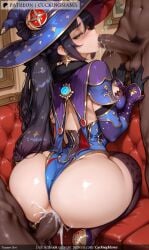ai_generated anal ass balls black_hair blush breasts capelet clothed_female_nude_male cuckingmama cum cum_in_mouth cum_on_clothes dark-skinned_male dark_skin ejaculation erection fat fellatio female gloves hat leotard male male_pubic_hair medium_breasts mona_ nude oral overflow penis pubic_hair purple_headwear solo_focus star_ straight stray_pubic_hair tagme testicles twintails witch_hat