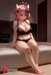 2d ahoge ai_generated bangs bare_legs bare_shoulders barefoot black_bra black_panties blush bra breasts cleavage erophoenix feet female female female_focus indoors ironmouse jewelry large_ass large_breasts long_hair looking_at_viewer nude pale_skinned_female panties patreon_username pink_hair pointy_ears purple_eyes purple_hair sitting smile solo sweating toes twintails uncensored underwear virtual_youtuber vshoujo vtuber
