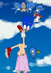 anonymous_artist anthro big_breasts blue_eyes breasts clothing eulipotyphlan female flicky_(character) genitals group hedgehog hi_res lagomorph leporid male mammal pussy rabbit sega sonic_(series) sonic_the_hedgehog sonic_the_hedgehog_(series) vanilla_the_rabbit wardrobe_malfunction