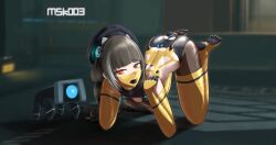 absurdres acmskoo3 all_fours anal anal_object_insertion ball_gag bodysuit bound bound_arms bound_legs breasts brown_hair cleavage cleavage_cutout clothing_cutout dildo_gag full_body gag gagged girls'_frontline hat heterochromia highres human_dog latex latex_bodysuit looking_at_viewer low_twintails object_insertion pet_play red_eyes restrained ro635_(girls'_frontline) skin_tight small_breasts solo tam_o'_shanter twintails yellow_eyes