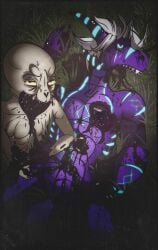 0l-fox-l0 absurd_res anthro blue_markings bodily_fluids crying disembowelment dragon duo exposed_heart ghoul gore grydir_dacanoor_(griffonki) hair heart_symbol hi_res laceration male male/male markings missing_jaw mythological_creature mythological_scalie mythology purple_body scalie tears tongue undead white_hair