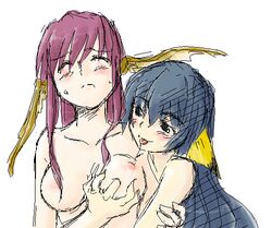 2girls :p animal_ears black_eyes black_hair blush breast_grab breasts bust closed_eyes dog_ears female hair karura_(utawarerumono) licking licking_nipple long_hair multiple_girls nipples nude oekaki purple_hair saliva simple_background sweat tongue tongue_out touka_(utawarerumono) utawarerumono white_background yuri