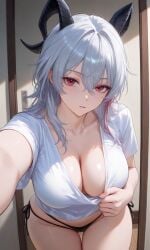 ai_generated ai_staiz big_breasts breasts demon_horns demon_tail female female_only necktie red_eyes wet wet_shirt wuthering_waves zani_(wuthering_waves)