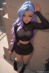 against_wall ai_generated blue_eyes blue_hair female high_socks k/da_all_out_seraphine k/da_all_out_series k/da_series league_of_legends light-blue_hair mobolusai pleated_skirt seraphine_(league_of_legends) standing thighs tight_clothing tight_fit tight_topwear