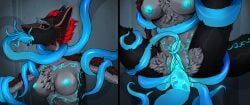 anthro black_body black_fur black_sclera bodily_fluids bound cum cum_in_mouth cum_inside elina_sif_(fenrisulfrskarr) female forced fur genital_fluids genitals glowing glowing_cum glowing_genitalia glowing_markings glowing_nipples glowing_pussy hair hi_res immobilization kolkolukija markings multicolored_body nipples oral oral_penetration penetration pussy rape red_hair sergal sex solo spread_pussy spreading surprise_sex surprised_expression surprised_face tentacle tentacle_in_mouth tentacle_penetration tentacle_rape tentacle_sex teratophilia unusual_bodily_fluids unusual_cum unusual_genital_fluids vaginal_fluids vaginal_penetration vaginal_penetration