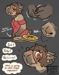 anthro blush bodily_fluids breath buckteeth capybara caviid coin coin_slot collar confusion english_text eyewear fetish fidgeting furufoo glasses hi_res inner_monologue lizard_(furufoo) mammal panting rodent sequence slightly_chubby slow_transformation slowburn sweat teeth text thinking trans_(lore) trans_woman_(lore) transformation