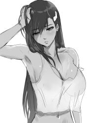 1girls arm_up big_breasts black_hair blinkblink_art breasts burn_the_witch busty crop_top female female_only long_hair noel_niihashi see-through see-through_clothing solo
