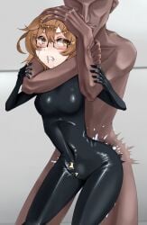 1boy 1girls blush breasts brown_eyes clenched_teeth clio_aite dark-skinned_male dark_skin female glasses light-skinned_female light_brown_hair light_skin male medium_breasts phase_connect phase_invaders_quest questionable_consent sex vershion virtual_youtuber