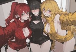 3girls ai_generated arm_on_shoulder bare_legs black_hair blake_belladonna blonde_hair blush cleavage cutout green_eyes kizirugai large_breasts medium_breasts naughty_face posing purple_eyes pyrrha_nikos red_hair rwby selfie shy sideboob smile tagme virgin_killer_sweater yang_xiao_long yellow_eyes