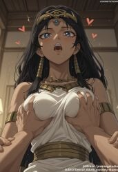 1boy ai_generated armlet bangs bare_shoulders black_hair blue_eyes blush bracelet breast_grab breasts circlet clothing crown dark-skinned_female dark-skinned_male dark_skin dress drooling earrings egyptian eye_of_horus female female grabbing grabbing_another's_breast groping guided_breast_grab guiding_hand hair_tubes headwear heart indoors isis_ishtar isis_ishtar jewelry jousneystudio large_breasts long_hair looking_at_viewer male necklace nipples open_mouth penis saliva sex sidelocks solo_focus straight sweat teeth text tiara tongue upper_body upper_teeth_only white_dress yu-gi-oh!