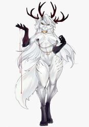 anthro antlers bite_mark black_limbs blood blood_on_hand bodily_fluids choker domestic_cat felid feline felis female fur gold_(metal) gold_jewelry hahazzar hair hi_res horn jewelry mammal necklace nipple_piercing nipples piercing solo white_body white_fur white_hair