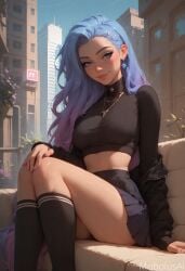 ai_generated blue_eyes blue_hair female high_socks k/da_all_out_seraphine k/da_all_out_series k/da_series league_of_legends light-blue_hair mobolusai pleated_skirt seraphine_(league_of_legends) sitting thighs tight_clothing tight_fit tight_topwear