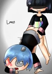 2boys black_hair blue_hair blush bob_cut bottomless eas-kun_(character) eas_community emergency_alert_system-kun eyewear fucked_from_behind grey_eyes jelato-kun light-skinned_male lmao looking_back nec-12 not_female skull streaked_hair unaware unaware_sex