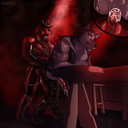 abs anal anal_sex anthro anthro_dominating_anthro anthro_on_anthro anthro_penetrated anthro_penetrating anthro_penetrating_anthro armwear balls barazoku biceps big_penis black_hair bodily_fluids boots bottomwear bovid canid canid_demon canine canis caprine chaps clothing crossover crossover_ship crotchless_bottomwear crotchless_clothing crotchless_pants cum cum_drip cum_inside cum_on_penis demon dripping duo elbow_gloves eye_scar facial_hair facial_scar footwear fur genital_fluids genitals gloves glowing glowing_eyes goat goatee grey_body grey_fur hair handwear harness hellhound helluva_boss hi_res judas_and_jesus kirlanlion larger_male leather leather_armwear leather_boots leather_bottomwear leather_chaps leather_clothing leather_elbow_gloves leather_footwear leather_gloves leather_handwear leather_harness leather_pants male male/male male_dominating_male male_penetrated male_penetrating male_penetrating_male mammal mostly_nude muscular muscular_anthro muscular_male muscular_thighs mythological_canine mythological_creature mythology pants pecs penetration penile penile_penetration penis penis_in_ass penis_size_difference pink_penis pubes red_body red_fur red_penis satan_goat_(judas_and_jesus) scar sex shoes size_difference smaller_male symbol tally_marks text topwear tuft vest vortex_(helluva_boss) wolf yellow_eyes