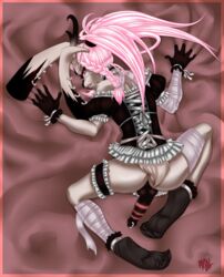 1boy anthro artist_signature balls ballsack braided_hair choker crossdressing dark_penis dress erection femboy fluffy_tail garter genital_piercing gloves goth horns humanoid_penis jackalope lagomorph lolita_fashion long_hair_male male male_only meshpet penis penis_piercing piercing pink_hair prince_albert_piercing rabbit red_eyes scrotum smooth_penis socks solo testicles