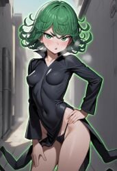 ai_generated belly_button breasts green_eyes green_hair novelai pointy_breasts skin_tight slim_waist tatsumaki terrarizemyself thick_thighs thong