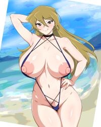 alexis_rhodes alternate_version_available areolae beach_background bikini blonde_hair blush brown_eyes closed_mouth female hi_res huge_breasts large_breasts led_(190491) long_hair navel nipples one_arm_up seductive smile tenjouin_asuka thighs tongue_out yu-gi-oh! yu-gi-oh!_gx
