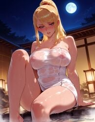 ai_generated balecxi blonde_hair blue_eyes blush covered_nipples female large_breasts long_hair looking_at_viewer metroid mole mole_under_mouth moon naked_towel night nipples onsen parted_lips patreon_username ponytail samus_aran see-through sitting soaking_feet solo steam thighs water wet