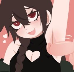 1:1 1girls akemi_akai alternate_version_available armpit_fetish armpit_sex armpits balls braid brown_hair cleavage cleavage_cutout dog_girl fangs female heart_cutout lineless original original_character penis pupn1k red_eyes smile transfem transgender