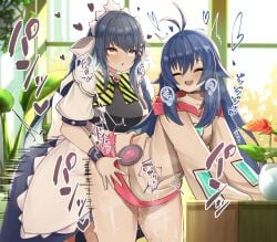 2girls :o ahoge apron black_choker black_dress blue_dress blue_hair blush brown_shirt choker closed_eyes clothed_sex commission dress female futa_with_female futanari hair_between_eyes hair_ornament hairclip heart highres indoors intersex leaf long_hair long_sleeves maid maid_apron maid_headdress motion_lines multicolored_dress multiple_girls open_mouth orein original pussy_juice rolling_eyes sex shirt sidelocks skeb_commission smile standing standing_sex teeth torso_grab upper_teeth_only variant_set vase white_dress window