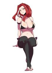 big_breasts bitch_(shield_hero) black_bra black_legwear blush feet green_eyes looking_at_viewer malty_s_melromarc red_hair siki smile tate_no_yuusha_no_nariagari toes white_background