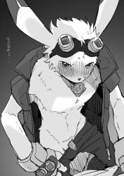 anatomically_correct anatomically_correct_genitalia anatomically_correct_penis animal_genitalia animal_penis anthro biped black_and_white blush bottomwear bottomwear_down clothed clothing condom condom_in_mouth cotton_tail digital_media_(artwork) exposed_chest eyewear eyewear_on_head fingerless_gloves fur genitals gloves goggles goggles_on_head greyscale half-erect handwear heart_pupils hi_res jacket king_kazma kurimo_jinguy lagomorph lagomorph_penis leporid male male_anthro mammal monochrome mouth_hold object_in_mouth open_clothing open_jacket open_topwear pants pants_down partially_clothed penis rabbit sexual_barrier_device sheath sleeveless_jacket small_penis solo standing summer_wars topwear undressing urethra white_body white_fur