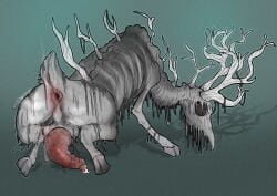 absurd_res ambiguous_gender anal_fluids ancestor_spirit animal_genitalia animal_penis antlers anus ass backsack balls balls_touching big_butt big_penis bodily_fluids butt_focus cervine_genitalia cervine_penis cinnymini cum deer elden_ring feral frail fromsoftware genital_fluids genitals greyscale hi_res highlights_(coloring) hooves horn hybrid leaking leaking_cum leaking_precum male mammal monochrome musk musk_clouds nature penis plant precum presenting presenting_anus presenting_hindquarters raised_tail regal_ancestor_spirit saggy_balls scut_tail short_tail simple_background smelly solo tail tail_tuft tuft vines weak