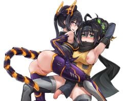 2girls 41_(chvinyau) absurdres ahoge anus armpits arms_behind_head ass bare_shoulders black_hair black_shirt blonde_hair breasts commentary duel_monster female forehead_protector futa_with_female futanari green_eyes headgear high_ponytail highres i:p_masquerena intersex large_breasts long_hair looking_at_viewer multicolored_hair multiple_girls nipples penis ponytail purple_eyes purple_thighhighs pussy s-force_rappa_chiyomaru s:p_little_knight shirt simple_background streaked_hair sweat thighhighs twintails two-tone_hair white_background yellow_shirt yu-gi-oh!