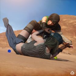 2girls 3d 3d_model anoral belly catfight desert fight fighting final_fantasy final_fantasy_vii kyrie_canaan long_hair short_hair small_breasts thighs yuffie_kisaragi yuri