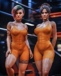 2025 2girls 3d blurry_background clothed clothed_female clothes cyberpunk_2077 dark-skinned_female dark_skin detailed_background female female_only front_view indoors judy_alvarez light-skinned_female light_skin lushe3d medium_sized_female multiple_girls panam_palmer