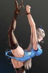 absurdres black_thighhighs blue_eyes blue_leotard blush bondage bound breasts censored commission dildo dildo_under_clothes female grey_hair highres large_breasts leotard long_hair mosaic_censoring no_shoes object_insertion original pussy_juice saikunartworks sex_toy solo suspension thighhighs tongue tongue_out vaginal_object_insertion vaginal_penetration vibrator vibrator_under_clothes vibrator_under_swimsuit