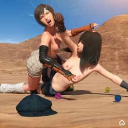 2girls 3d 3d_model anoral belly catfight desert fight fighting final_fantasy final_fantasy_vii kyrie_canaan long_hair punch short_hair small_breasts thighs topless yuffie_kisaragi yuri