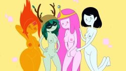 4girls accurate_art_style adventure_time antlers areolae barefoot bedroom_eyes belly_button big_breasts black_hair blush blushing boobs breasts cartoon_network cartoonsaur closed_mouth closed_pussy completely_nude completely_nude_female crown dot_eyes female fire_girl flame_princess forehead_jewel gray_nipples green_body green_eyes green_hair green_nipples green_pubes green_skin grey_nipples hips huntress_wizard leaf_hair leaf_pubes light-skinned_female light_skin long_hair marceline medium_breasts naked naked_female nude nude_female orange_body orange_skin pale-skinned_female pale_skin pink_body pink_hair pink_nipples pink_skin princess princess_bubblegum pussy red_hair red_nipples smile smiling smug tits vagina vampire vampire_girl white_body white_skin yellow_background
