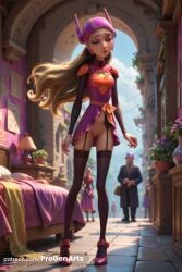 ai_generated armor artist_name bed big_hero_6 blonde_hair blurry breasts cleft_of_venus closed_eyes day disney dress eyeshadow full_body garter_belt garter_straps helmet hi_res honey_lemon lips long_hair makeup marvel marvel_comics medium_breasts mole multiple_girls nail_polish no_panties outdoors potted_plant progenarts purple_dress pussy sky solo_focus standing thighhighs uncensored watermark web_address