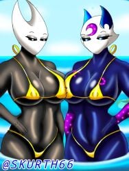 2girls big_breasts black_body blue_body breasts female golden_bikini golden_week hollow_knight hornet_(hollow_knight) luna_(skur) skurth66 thick_thighs vessel_(species)