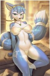 2019 accessory anthro barefoot bedroom_eyes biped blue_body blue_fur bodily_fluids bottomwear breasts canid canine chain clothed clothing collar feet female fox fur half-closed_eyes headband hi_res jewelry krystal krystal_(star_fox) loincloth looking_at_viewer mammal narrowed_eyes necklace nintendo seductive smile solo star_fox sweat toes whisperingfornothing white_body white_fur