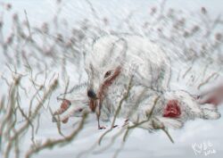ambiguous_gender arctic_fox bite blood blood_on_chest blood_on_face blood_on_ground blood_on_mouth blood_on_snow blood_splatter blurred_background bodily_fluids canid canine cannibalism corpse dead_eyes dead_grass dead_tree dragging duo el_kyze feral fox gore guts hi_res intestines intestines_out killing mammal neck_bite organs plant simple_background snow snowing tongue tongue_out tree true_fox