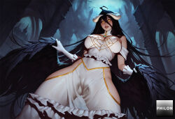 1girls albedo_(overlord) breasts gloves black_wings solo dress horns long_hair wings yellow_eyes black_hair hip_vent white_gloves white_dress low_wings large_breasts feathered_wings hair_between_eyes looking_at_viewer covered_nipples demon_girl from_below demon_horns slit_pupils ahoge white_horns bare_shoulders very_long_hair frills black_feathers cameltoe demon_wings looking_down parted_lips lips teeth frilled_dress feathers overlord_(maruyama) ai_generated stable_diffusion philon